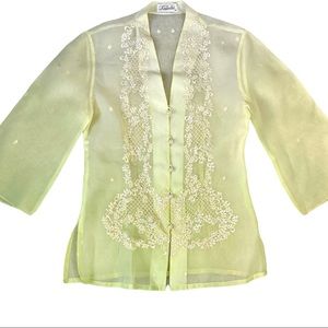 Filipiniana Women’s Barong Embroidered Yellow Lime Natural Fiber Top Blouse
